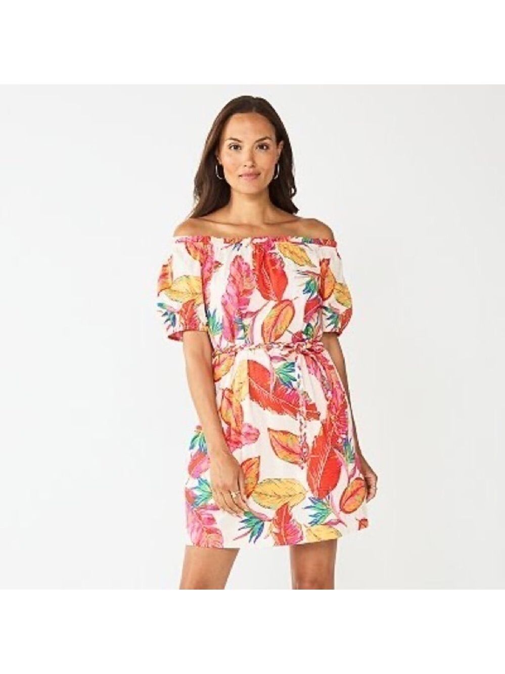 NWT Nine West Off Shoulder Puff Sleeve Midi Dress Cream Orange Red Tropical L